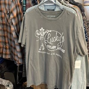 Lucky Brand “Lucky’s Outlaw Lounge”Gray Short Sleeve Tee Graphic Design